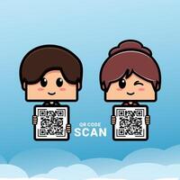 Cute boy and girl character holding QR code. Scanning QR code vector