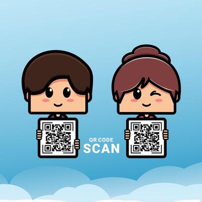 Cute boy and girl character holding QR code. Scanning QR code