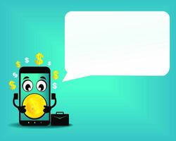 Cute smartphone mascot with money, dollar coins. Mobile phone character with speech bubble blank empty. Phone character talking, presenting, teaching, speech vector