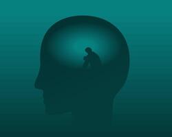 Silhouette of head with a person sitting alone stressed and overthinking, loneliness. Man suffering from anxiety. Anxiety disorder concept vector