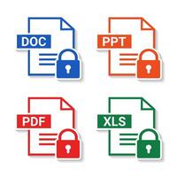 Set of of file type. Format and extension of documents. PDF, DOC, PPT and XLS. Document locked. Privacy vector