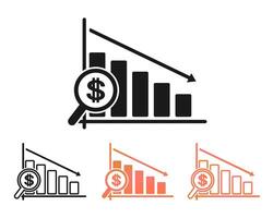 Set of business down chart. Declining graph with a magnifying glass with a dollar. Arrow pointing down on graph. Financial crisis graph. Dollar rate decrease vector