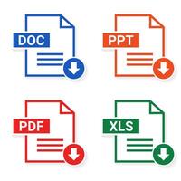 Set of of file type. Format and extension of documents. PDF, DOC, PPT and XLS. File download vector