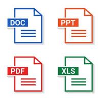Set of of file type. Format and extension of documents. PDF, DOC, PPT and XLS vector
