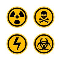 Set of warning sign. Biohazard, crossbones, high voltage, toxic, radioactive zone vector