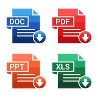 Set of of file type. Format and extension of documents. PDF, DOC, PPT and XLS. File download vector