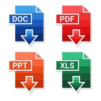 Set of of file type. Format and extension of documents. PDF, DOC, PPT and XLS. File download vector