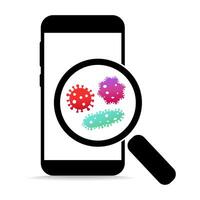 Illustration of bacterial and virus on phone. Seen through a magnifying glass. Virus on smartphone. vector