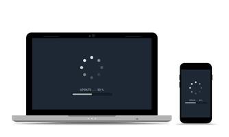 Loading update process in laptop and smartphone. Install new software, operating system support. System software update and upgrade concept vector