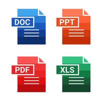 Set of of file type. Format and extension of documents. PDF, DOC, PPT and XLS vector