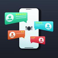 Review rating bubble speeches on mobile phone. Good and bad rate client experience. Testimonials messages, notifications, customer feedback vector