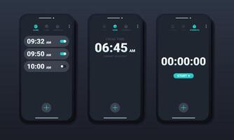 Mobile phone watch widget interfaces. Clock user interface. Alarm stopwatch timer vector