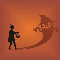 Silhouette of a man in halloween is afraid of shadows, creepy ghost vector
