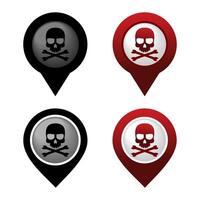 Set of danger area pinpoint sign. Skull, crossbones. Red and black pin map. Dangerous location vector