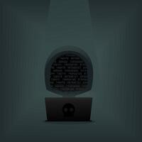 Hacker in front of his laptop. Dark face. Hacker using abstract laptop with binary code digital interface vector