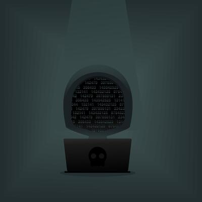 Hacker in front of his laptop. Dark face. Hacker using abstract laptop with binary code digital interface
