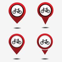 Set of red map pointer with bicycle icon. Bike path. Bike store pin location vector