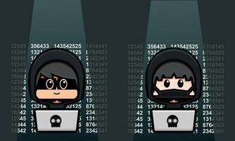 Cute character hacker. Cute anonymous in front of the laptop vector