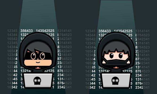 Cute character hacker. Cute anonymous in front of the laptop