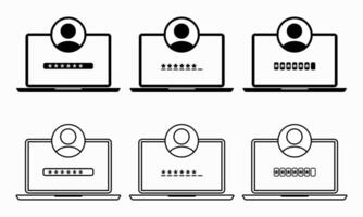 Set of account password security access on laptop icon. Verification code. Private authorization sign. Authentication login from system vector
