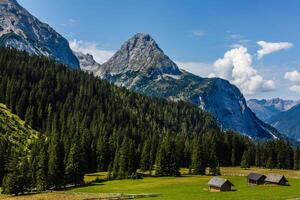 Panoramic view of idyllic summer landscape in the Alps with clear mountain lake and fresh green mountain pastures in the background photo
