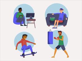 four people sitting in different positions, one is playing a game, another is sitting on a couch vector