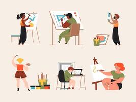 people working on art and painting in different poses vector