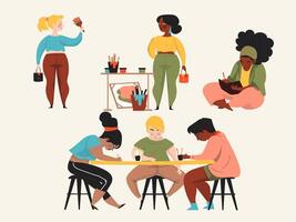 people sitting at tables and painting, drawing and drawing vector