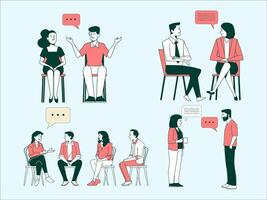 people sitting on chairs and talking to each other vector