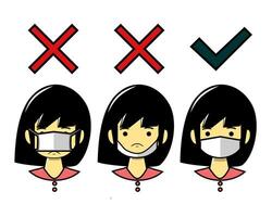 How to wearing protective mask correctly. Wrong and right to use masks. Prevent the spread of the viruses, bacteria and pollution vector