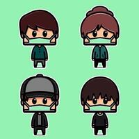 Set of cute men and women character wearing masks. Prevent the spread of the viruses, bacteria and pollution vector
