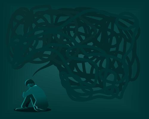 Silhouette of a person sitting on the floor loneliness, overthinking and stressed. Black thinking bubble over head. Anxiety disorder, suffering from anxiety