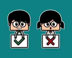 Two cute character with positive and negative symbols. Likes and dislikes. Good and bad. Yes and no vector