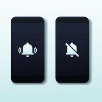Smartphone volume on and of. Mute sign. Silent mode or vibrate mode on smartphone. Turn on and turn of smartphone alarm ringing vector