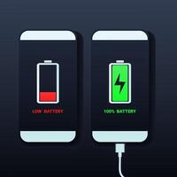 Set of smartphones with low battery and full battery indicators with USB connection. Discharged and fully charged smartphone battery vector