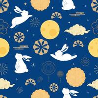mid autumn seamless pattern background with rabbit and moon for tile and fabric square design vector