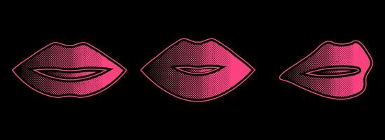 Set of retro lips with halftone effect. Black dots and pop art texture. Retro illustration vector