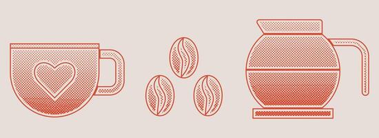 Set of coffee beverage with halftone effect. Black dots and pop art texture. Retro illustration vector
