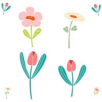 Flat various color style flowers in various stages of bloom, with different shapes. vector