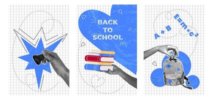 Back to School Poster Set. Trendy halftone collage, textbooks, school backpack, bell, scribbles on checkered background. Concept of learning, knowledge vector