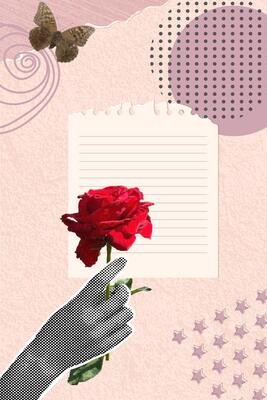Trendy halftone collage.Hand holding a rose. Trendy retro style. Torn paper,frame,retro flower,old grunge style paper.