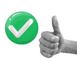Trendy halftone collage. Plastic green flag 3D.Hand and gesture perfectly, pointing to round plastic 3D button vector