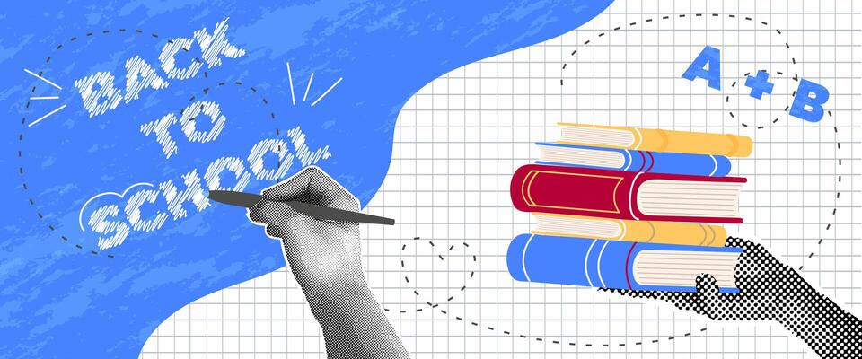 Back to School Banner. Trendy halftone collage, books in hand, inscription, scribbles on checkered background. Concept of learning, knowledge.