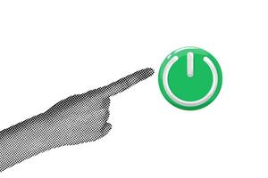 Trendy halftone collage. Hand pointing at round plastic 3D on off button isolated on white background vector