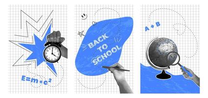 Back to School Poster Set. Trendy halftone collage, alarm clock, globe, magnifying glass, scribbles on checkered background. Concept of learning, knowledge. vector