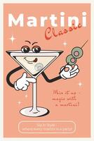 Martini trendy poster with retro cocktail character. Mascot for bars and restaurants.Character of 60s and 70s for retro posters and postcards in modern groovy style.Bar menu concept. vector