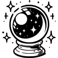 Crystal ball fortune teller sorcerer in monochrome. Simple minimalistic in black ink drawing on white background vector