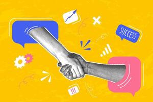 Trendy halftone collage. Concept of contracting, negotiation, contracting, favorable terms. Trendy modern retro illustration on business theme. Concept of teamwork. vector
