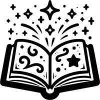 Open witch book with spell in monochrome. Simple minimalistic in black ink drawing on white background vector