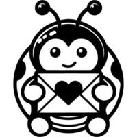 Funny ladybug holding gift envelope with love card in her hands in monochrome. Simple minimalistic in black ink drawing on white background vector